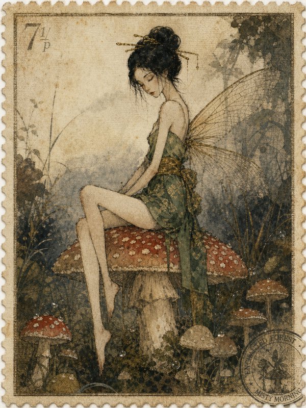 Vintage postage stamp illustration of a delicate fairy sitting on a spotted fly agaric mushroom in a misty enchanted forest