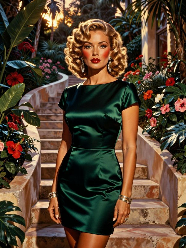 Glamorous retro blonde woman in an emerald satin dress stands on a tropical garden staircase at golden sunset