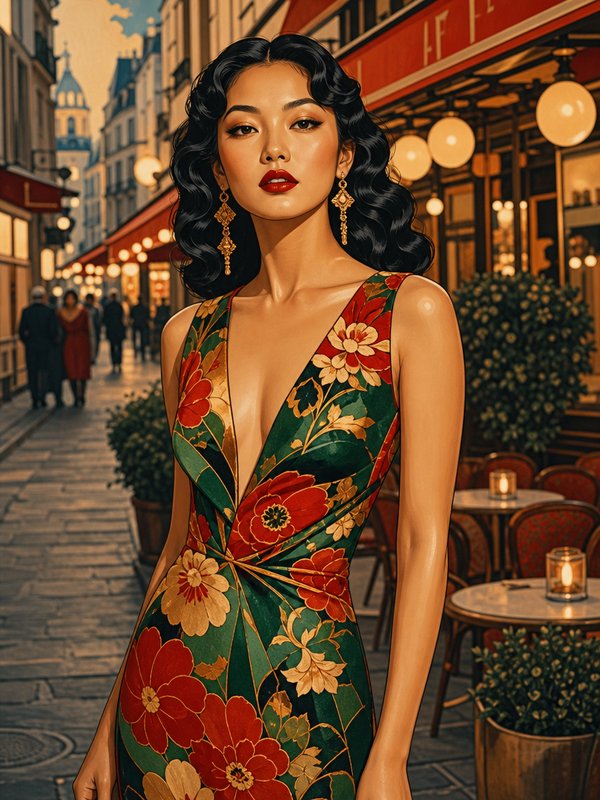 Glamorous retro East Asian woman in a floral gown standing on a Parisian cobblestone cafe street at golden hour