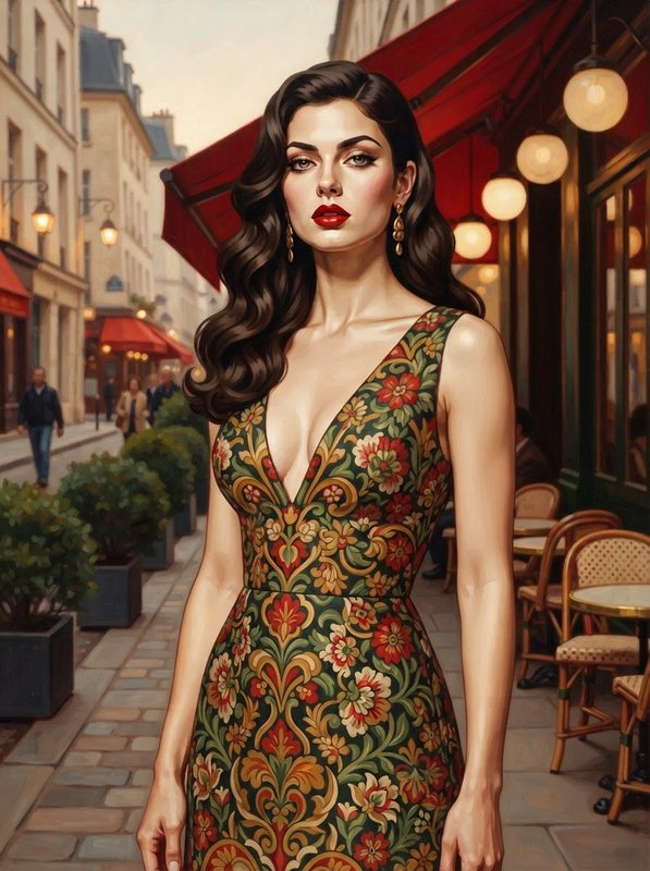 [Glamorous vintage woman in an ornate floral gown stands on a Parisian sidewalk beside outdoor cafe seating]