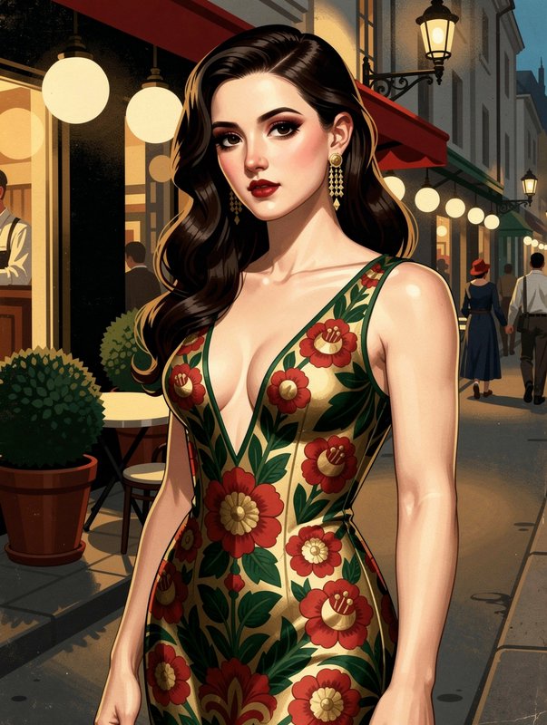 [Elegant illustrated woman in a bold floral evening dress stands on a vintage downtown sidewalk outside a lit sidewalk cafe]