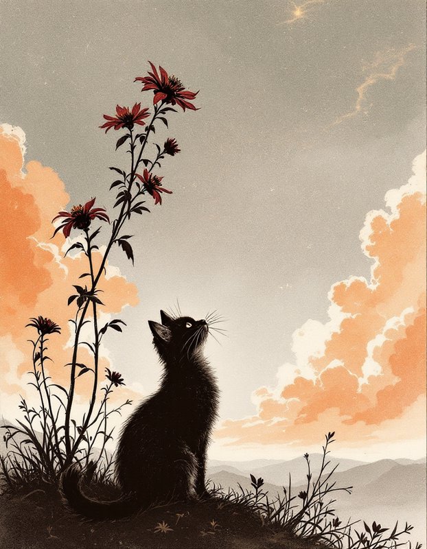 Silhouette fluffy black cat sits beside tall red wildflowers, gazing upward at a faint star above peach sunset clouds
