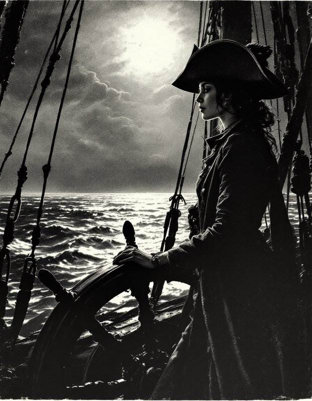 [Grainy monochrome illustration of a female pirate captain at a ship's wheel, sailing a tall ship on a moonlit open ocean ...
