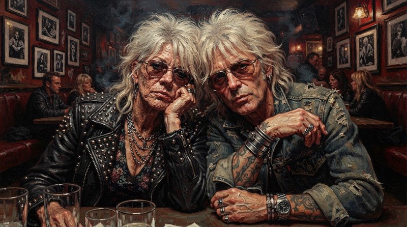 Textured oil painting of an older punk couple with matching blonde hair sitting side-by-side in a dim smoky vintage dive bar.