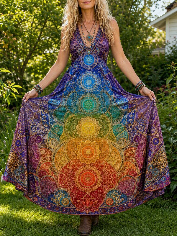 Woman holding the hem of a flowy chakra mandala print rainbow maxi dress, standing in a sunny green garden.