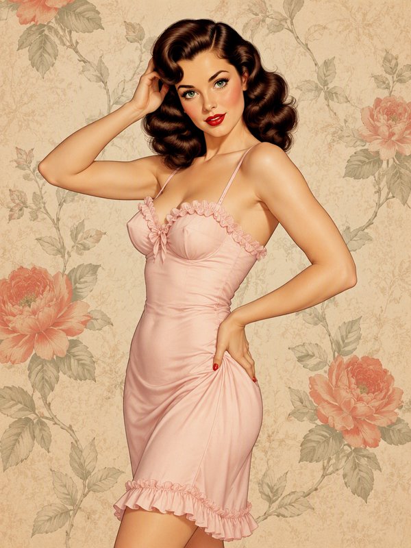 Vintage 1950s pin-up illustration of a glamorous woman in a ruffled pink slip, posed against floral peony wallpaper.