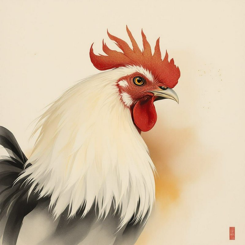 [Traditional East Asian rooster portrait with bright red comb, soft white plumage, on warm cream painted background]