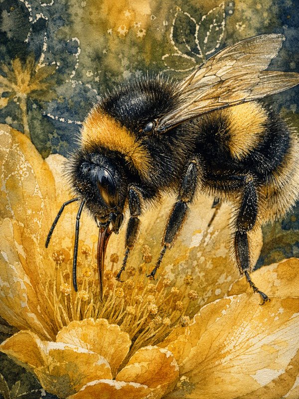 Close up watercolor illustration of a fuzzy bumblebee feeding from a golden yellow wildflower.