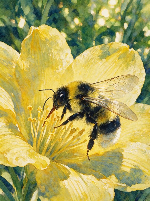 Watercolor painting of a fuzzy bumblebee gathering nectar from a sunlit large yellow flower against soft green garden foli...
