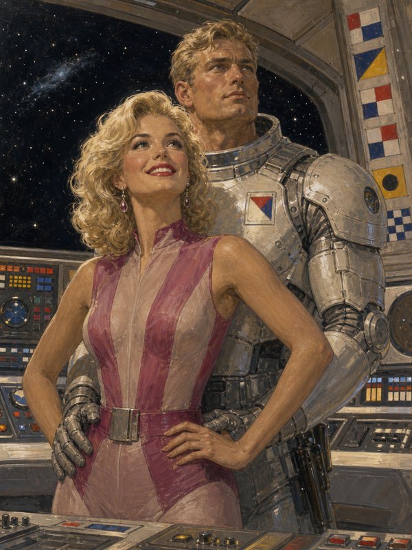 [Retro sci-fi illustration of a glamorous woman and silver-suited astronaut standing in a starship cockpit overlooking dee...