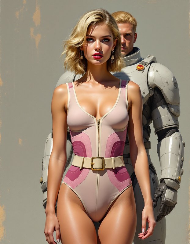 [Retro-futuristic portrait of a blonde woman in a pink belted bodysuit, with a man in sci-fi space armor standing behind h...