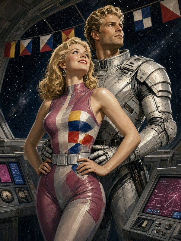 Retro futuristic sci-fi couple standing together in a starship cockpit looking out at starry outer space