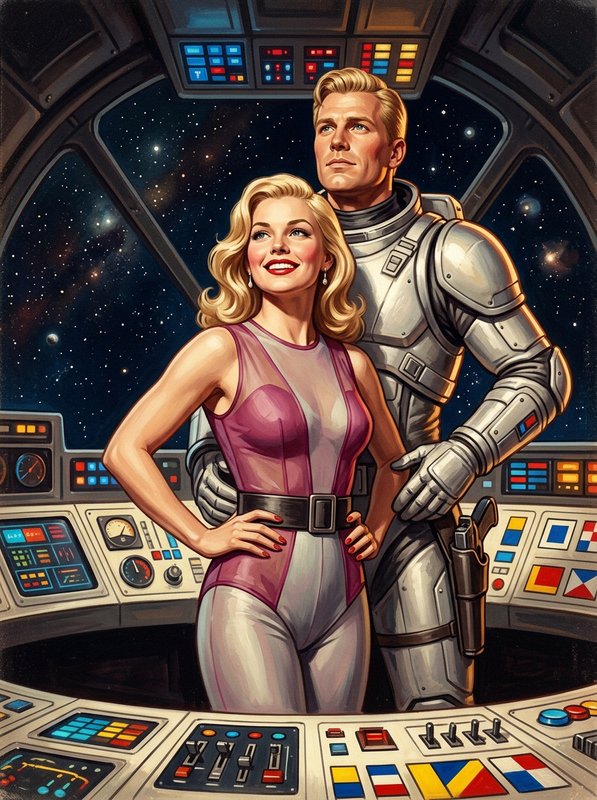 [Retro 1950s sci-fi couple standing inside a spaceship command cockpit, looking out at starry outer space]