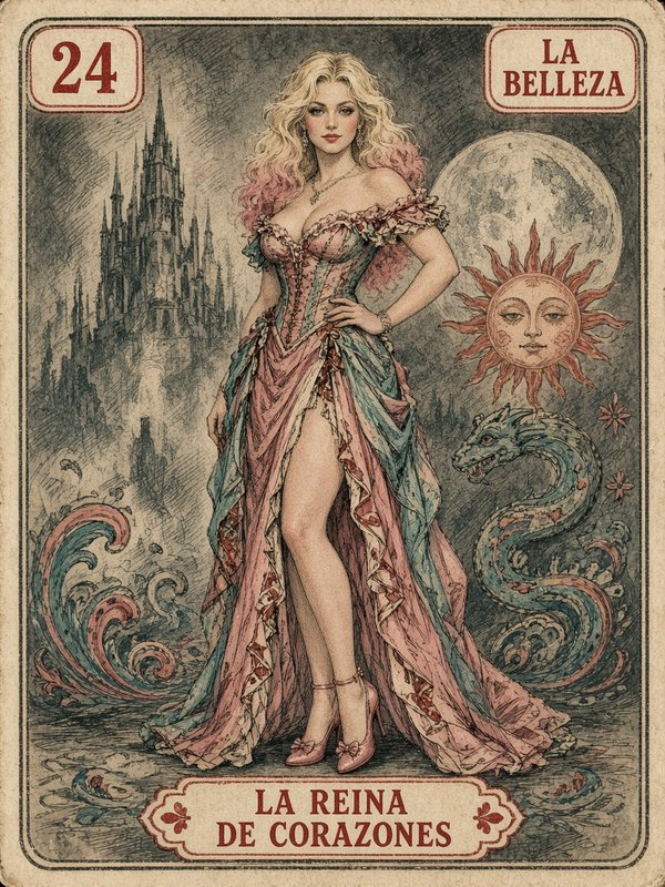 Vintage illustrated Loteria card #24 La Reina de Corazones, featuring an elegant fantasy queen, celestial symbols, and