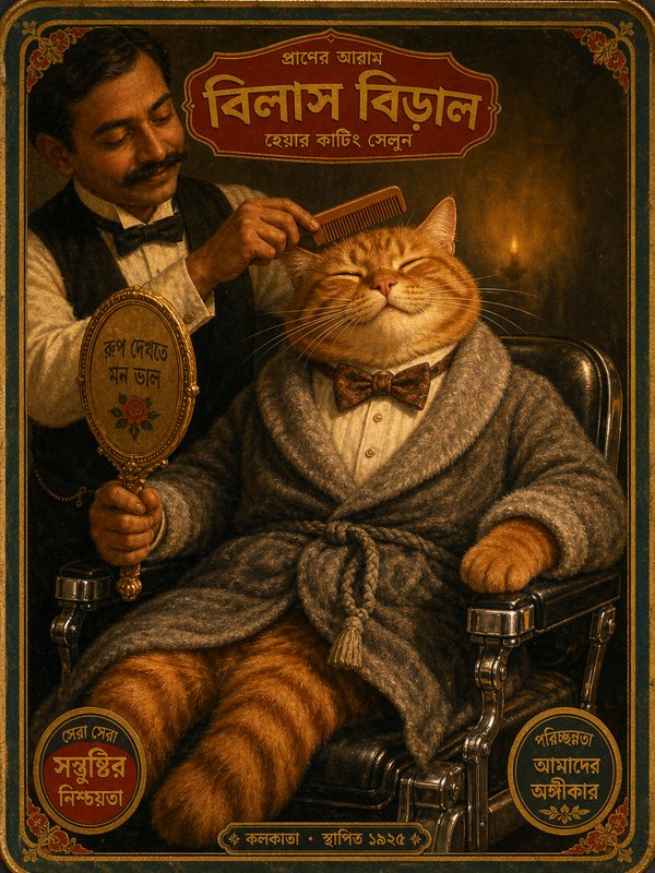 Vintage illustrated poster of a happy orange tabby cat getting groomed by a mustachioed barber in a barber shop chair