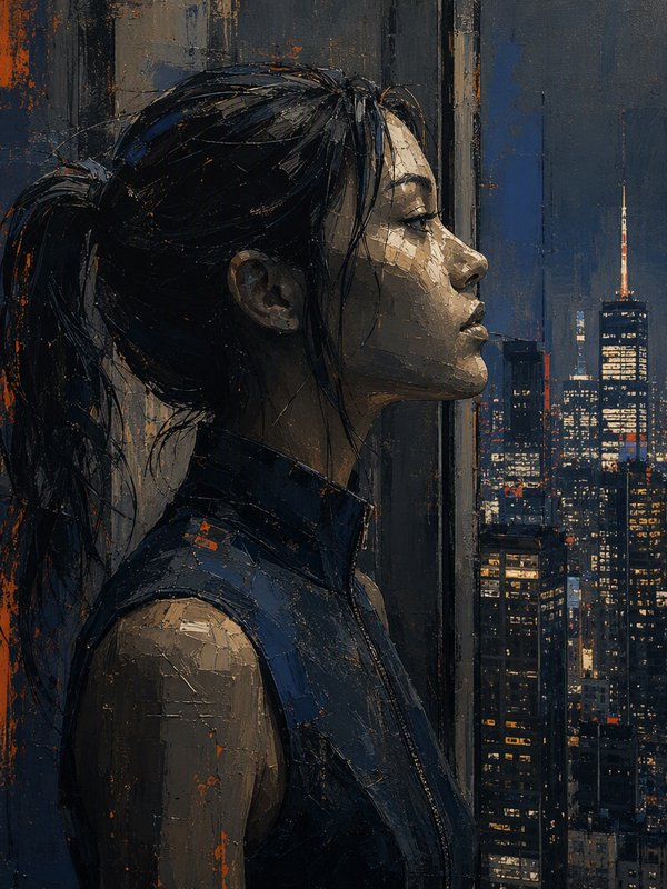 Textured impasto painting of a pensive young woman gazing out a window at a glowing nighttime city skyline.