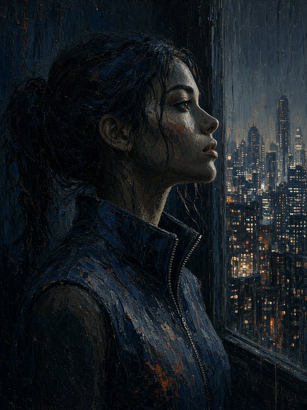 [Impasto painting of pensive young woman in profile looking out a rainy window at a glowing night city skyline]