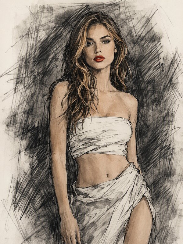 Expressive charcoal sketch portrait of a woman with long wavy highlighted hair, red lipstick, and wrapped linen clothing