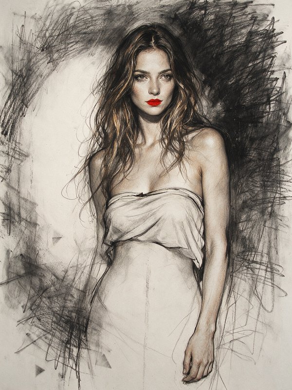 [Charcoal sketch portrait of an elegant woman with wavy hair, bold red lipstick, and a draped strapless gown against a scr...
