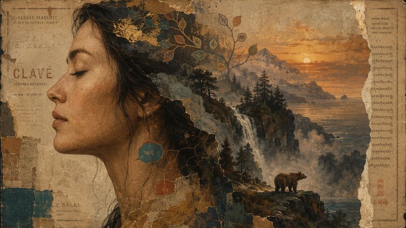 Surreal vintage composite art merging a serene woman's profile with alpine sunset landscape, brown bear, symbolic tree
