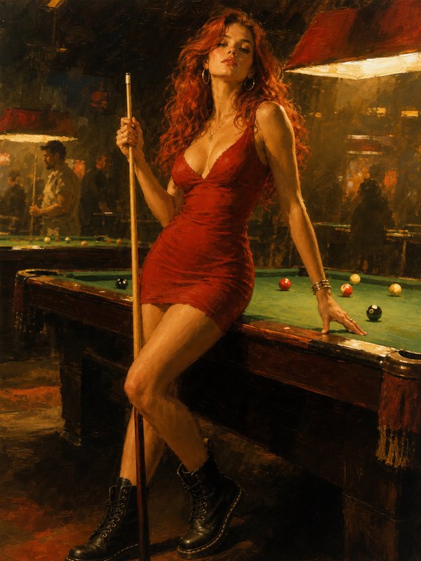 Oil painting of curly red-haired woman in a red mini dress leaning on a pool table holding a billiards cue in a dim pool hall