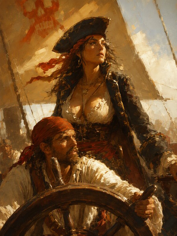 Oil painting of a female pirate captain standing next to a helmsman steering a pirate ship under a Jolly Roger sail.