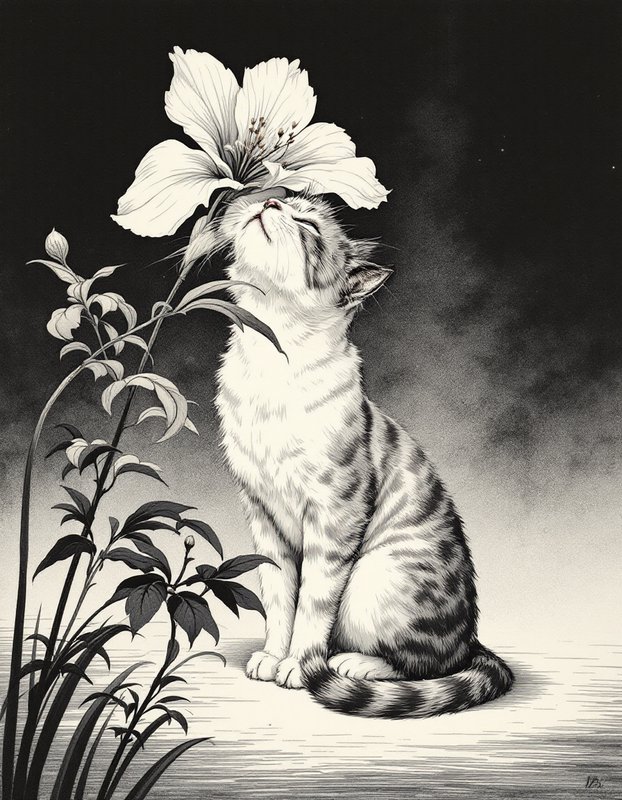 Monochrome ink illustration of a striped tabby kitten sitting with closed eyes, sniffing a large blooming lily flower.