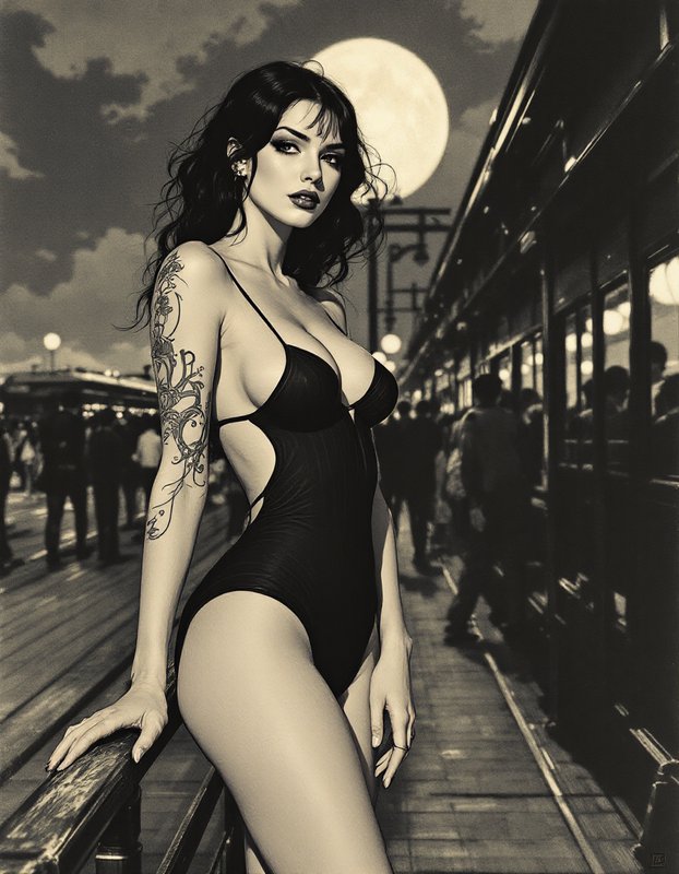 Sepia vintage illustration of a tattooed woman in a black swimsuit on a moonlit crowded seaside boardwalk
