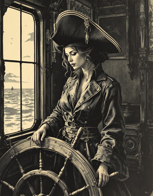 Vintage engraved illustration of female pirate captain at ship's wheel, gazing out at the ocean from her ship cabin