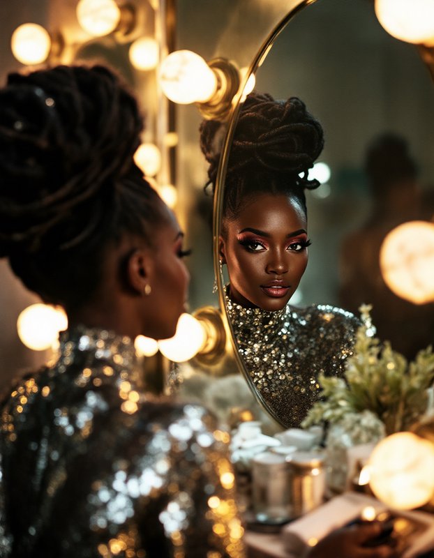 Elegant Black woman with high loc updo reflected in a lit vintage Hollywood vanity mirror, wearing a shimmering