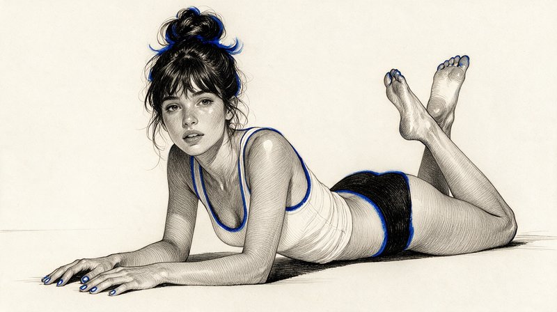Detailed pen sketch of young woman reclining prone, with selective blue accent details on a cream background