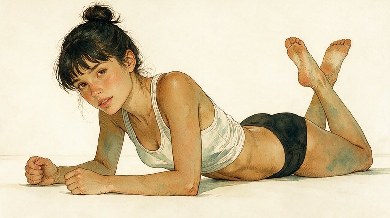 [Watercolor illustration of young woman in athletic wear lying prone, propped on elbows, gazing softly at the viewer]