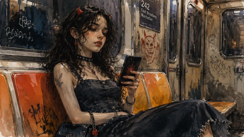 [Watercolor illustration of a goth vampire girl with small devil horns scrolling her phone on a graffiti-covered NYC subwa...