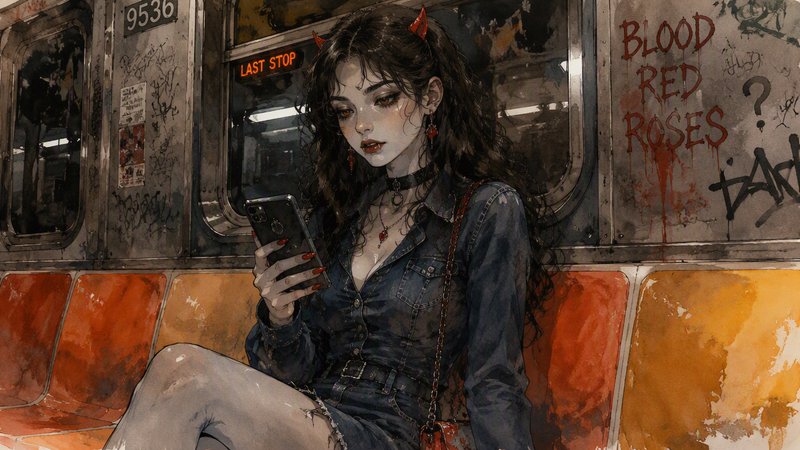 [Goth demon girl with small red horns sits in a graffiti-covered subway car looking at her smartphone]