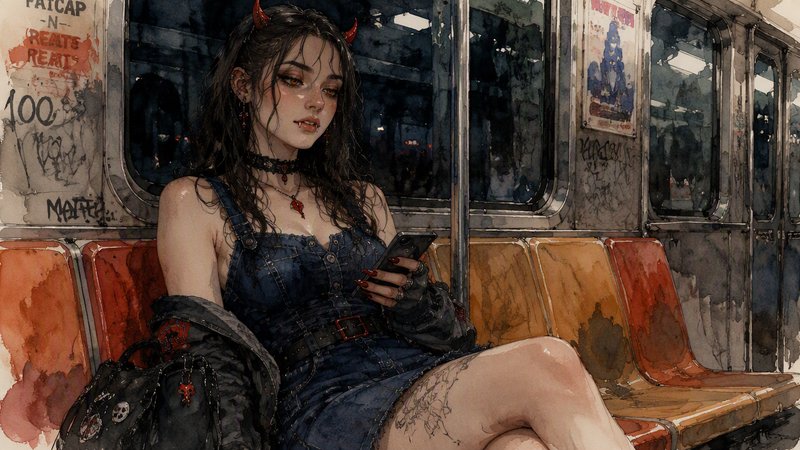 Watercolor illustration of a demon girl with small red horns sitting on a graffiti-covered subway holding a smartphone.