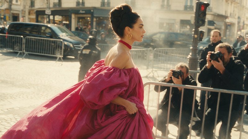 Elegant woman in voluminous fuchsia off-shoulder gown walks sunlit Paris street as paparazzi photograph her behind crowd b...