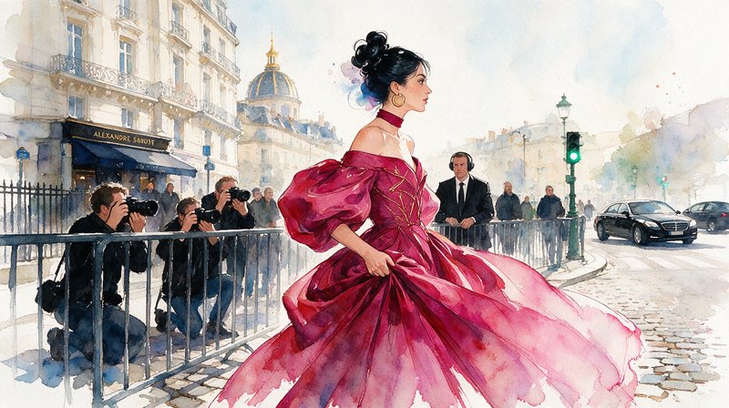 [Watercolor illustration of an elegant woman in a flowing magenta gown posing for paparazzi on a sunlit Paris city street]