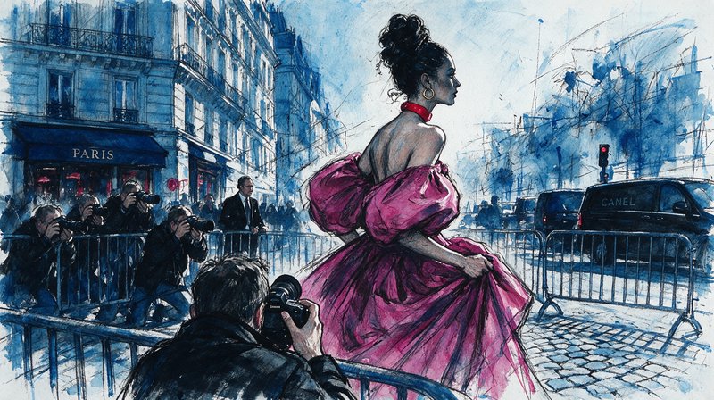 [Watercolor illustration of high fashion model in a pink couture gown posing for paparazzi on a Paris city street]