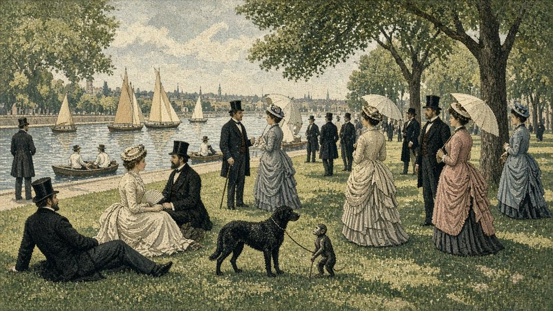[Pointillist painting of Victorian upper class gathering on a tree-lined riverside park lawn, with sailboats, a dog and pe...
