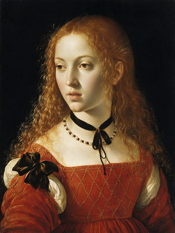 Renaissance oil portrait of a young curly red-haired noblewoman in a red period gown against a dark black background