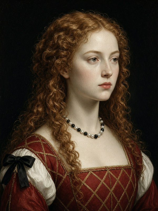 [Classical Renaissance portrait of a young curly red-haired noblewoman in a red period gown, against a dark background.]