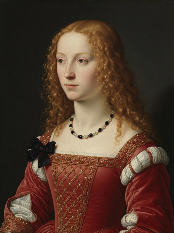 Renaissance portrait of a noblewoman with curly red hair, wearing an ornate red velvet gown and gemstone necklace against ...