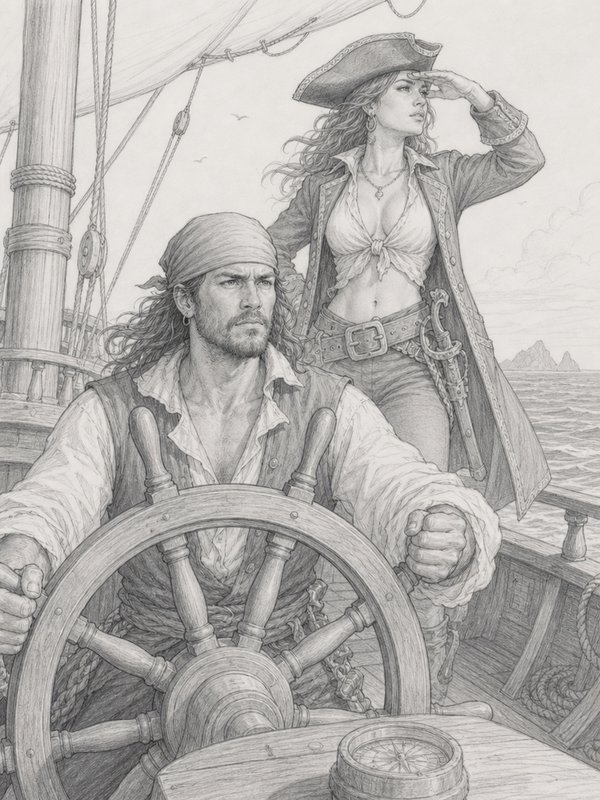 Intricate pencil sketch of a male pirate steering a tall ship wheel, female pirate captain scanning the horizon from the