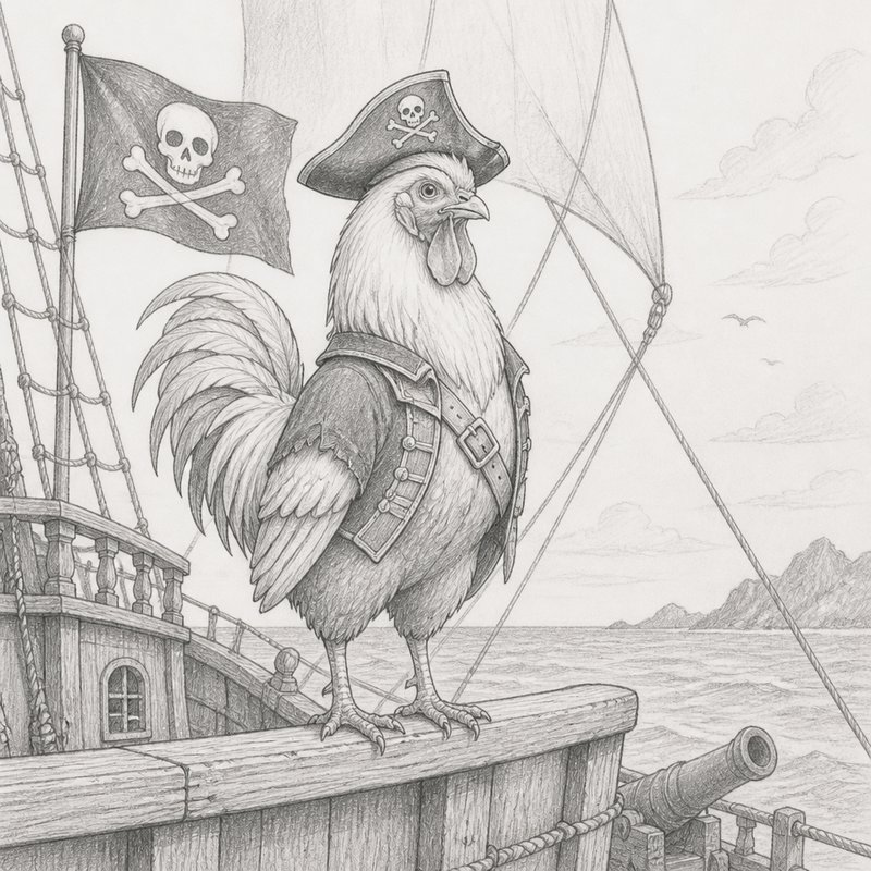 [Hand drawn pencil sketch of a pirate rooster standing on the bow of a wooden galleon beside a Jolly Roger flag]