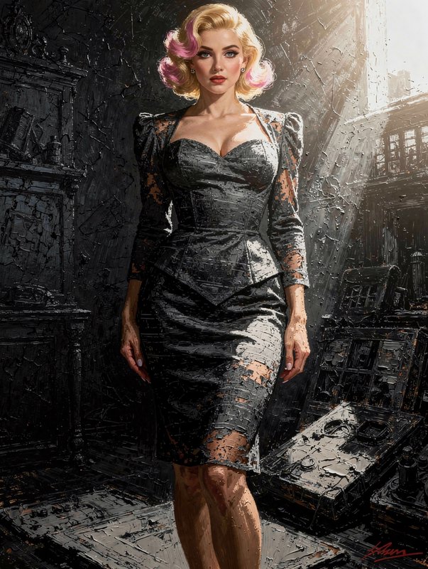 [Textured impasto oil portrait of a glamorous retro blonde woman with pink hair streaks in a grey lace cocktail dress]