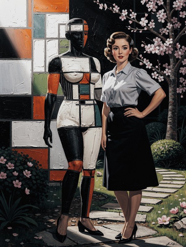 [Surreal impasto painting of 1950s styled woman standing beside a geometric patterned humanoid in a cherry blossom garden]
