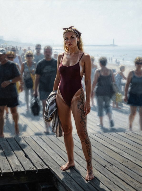 Hyperrealist oil painting of a tattooed woman in a maroon swimsuit standing on a crowded sunny beach boardwalk.