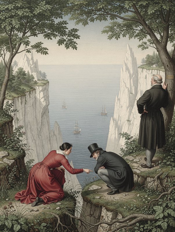 [Vintage 19th century illustration of people on white chalk sea cliffs overlooking a bay with sailing ships]