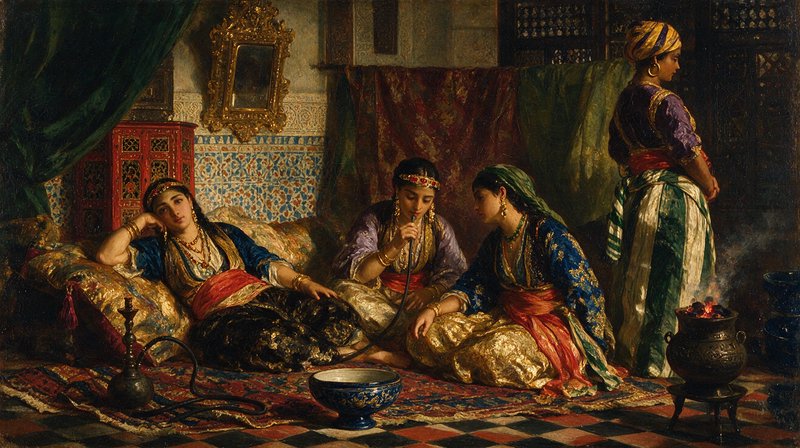 [19th century Orientalist oil painting showing women in rich traditional dress relaxing in an ornate Middle Eastern interi...
