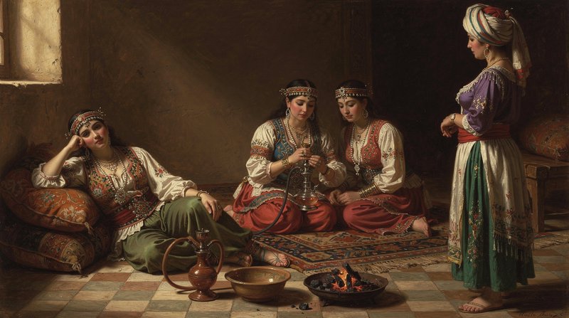 [Orientalist oil painting depicting four women in traditional Middle Eastern attire gathered in a sunlit interior with hoo...